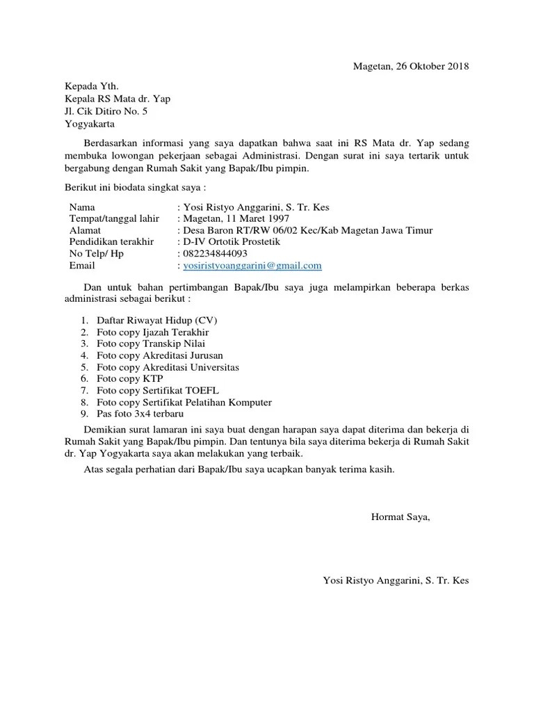 Jika diminta surat lamaran kerja dalam bentuk tulis tangan saat melamar pekerjaan di rumah sakit, contoh ini bisa menjadi rujukan anda. Surat Lamaran Dr Yap Pdf