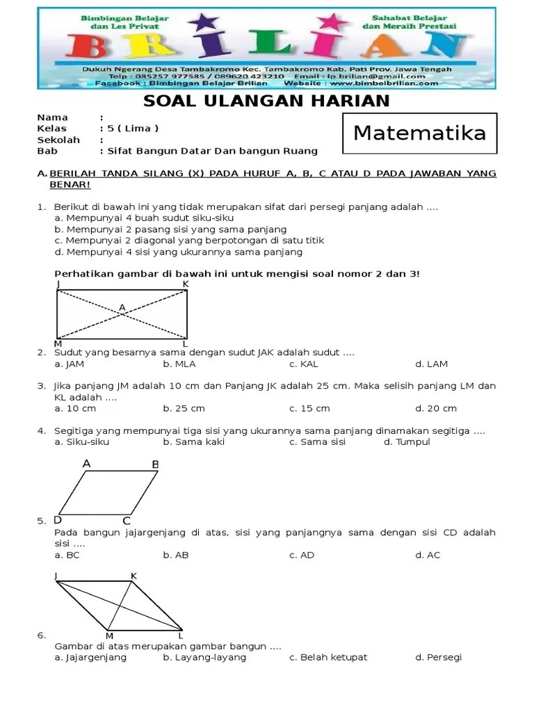 Contoh Latihan Soal: Soal Matematika Kelas 5 Sifat Bangun Datar Dan Kunci  Jawaban
