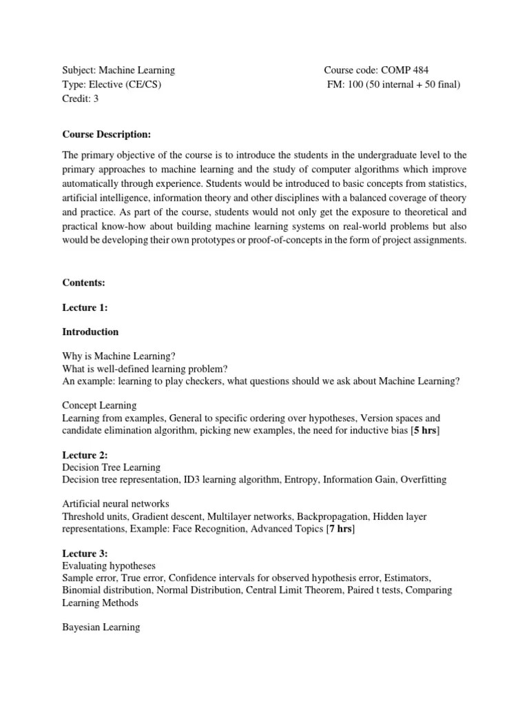COMP484 Machine Learning Syllabus Undergraduate Fall 2018 | Download ...