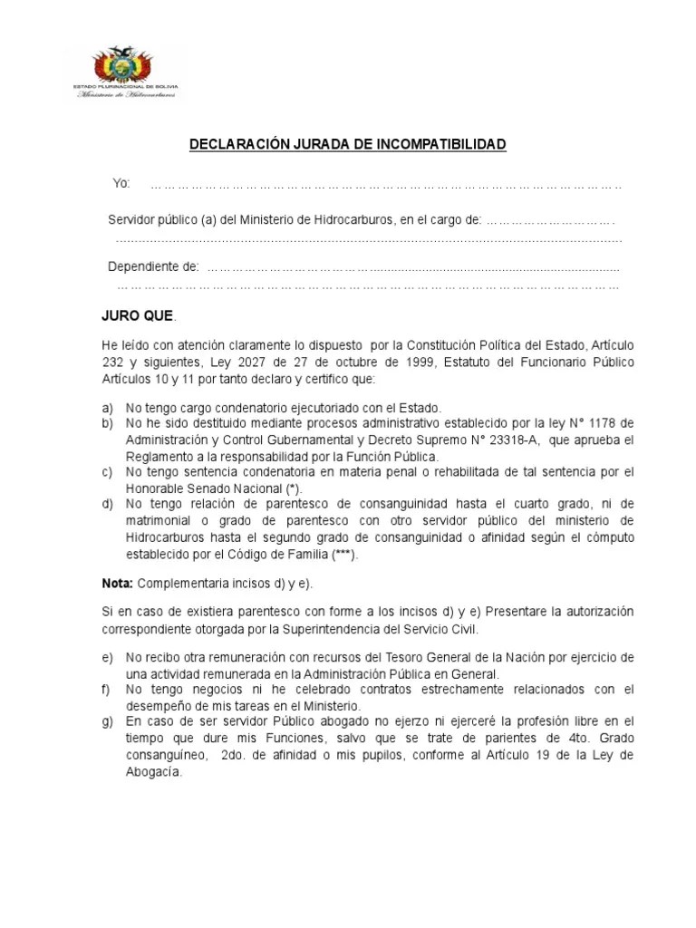Declaración Jurada De Incompatibilidad | PDF | Parentesco | Servicio Civil