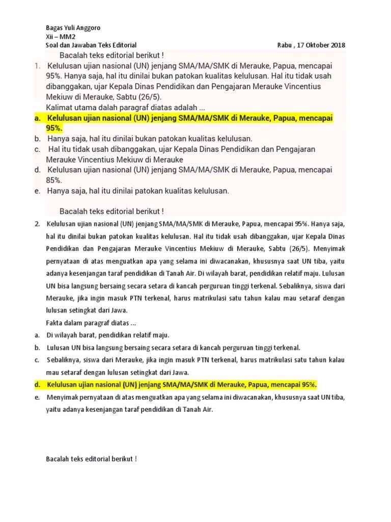 Contoh soal usbn bahasa indonesia sma dan kunci jawabannya Soal Dan Jawaban Teks Editorial Pdf
