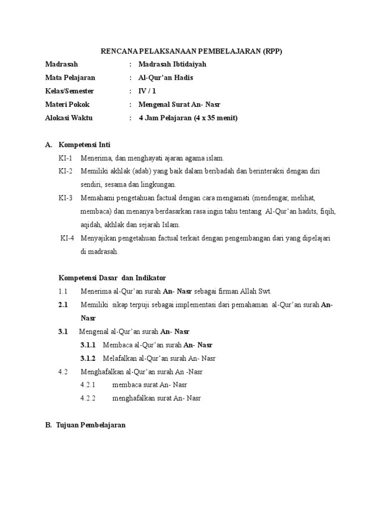 Buku teks pelajaran pai dan bahasa arab pada madrasah terdiri dari; Contoh Rpp Qur An Hadits Iv Mi Pdf
