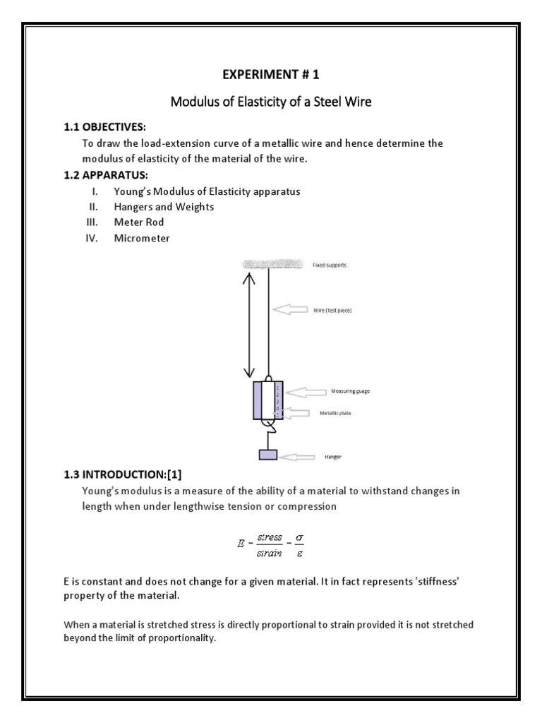 Modulus Of Elasticity Of A Steel Wire: Experiment # 1 | PDF ...