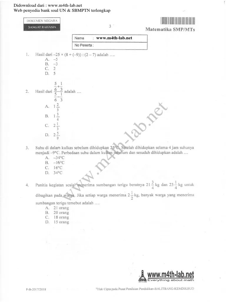 Download pembahasan ujian nasional unbk/unkp smp tahun 2019 matematika paket 1 format pdf. M4th Lab Soal Un Smp Beinyu Com