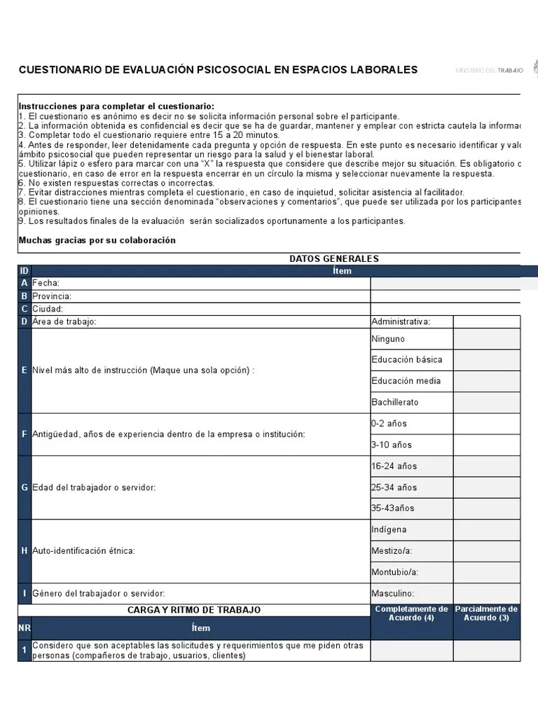 Cuestionario De Evaluación De Riesgos Psicosociales | PDF | Cuestionario | Invalidez