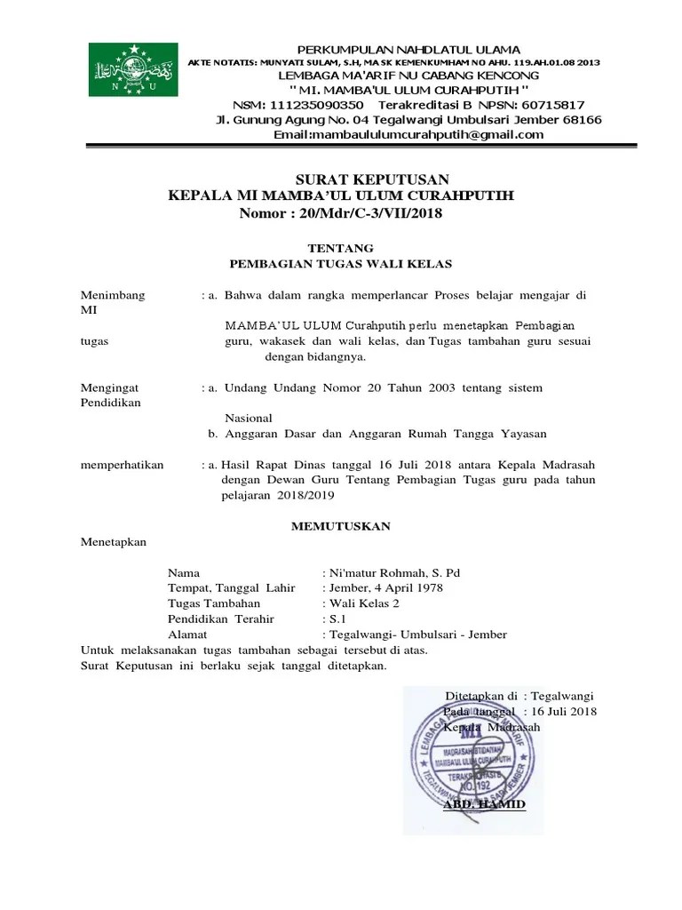 Contoh Sk Pembagian Guru Wali Kelas Piket Ekskul Program Wali Kelas 2016.