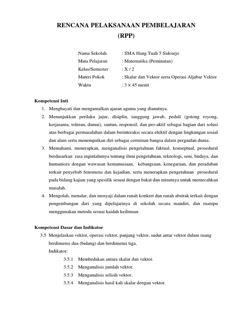 Perangkat mengajar/rpp matematika peminatan sma kurikulum 2013 . Rpp Vektor Pdf