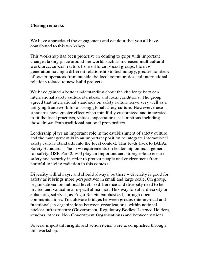 Workshop Closing Remarks | PDF | Safety | Social Group