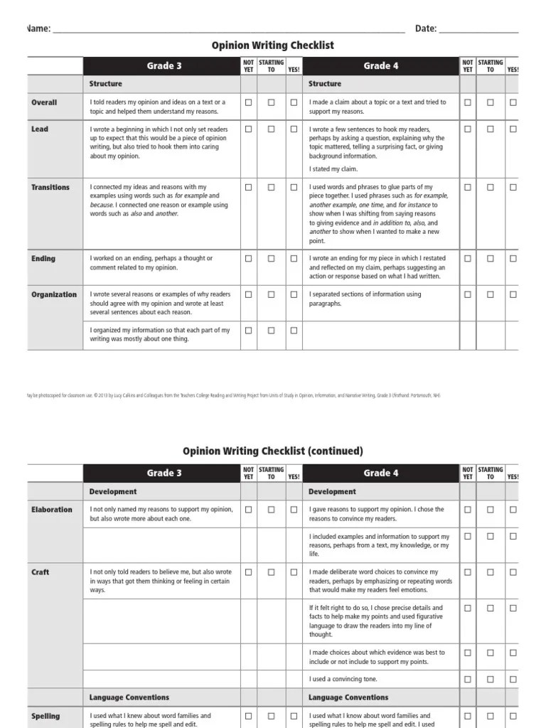 08.09.2020 · fourth grade is a time for students to continue to hone their writing chops as they put to use the skills they've learned and gain confidence in their abilities. Opinion Writing Checklist Grade 3 And Grade 4 Pdf Punctuation Reason