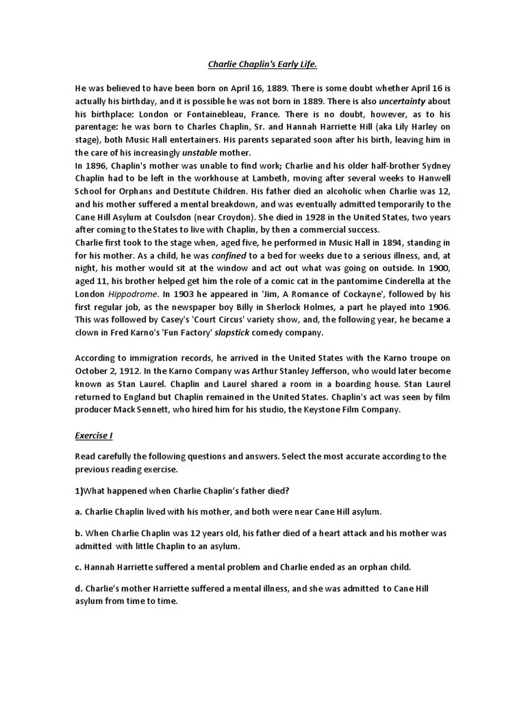 Reading Comprehension Charlie Chaplin Fun Activities Games Reading Comprehension Exercis - 29796 ...