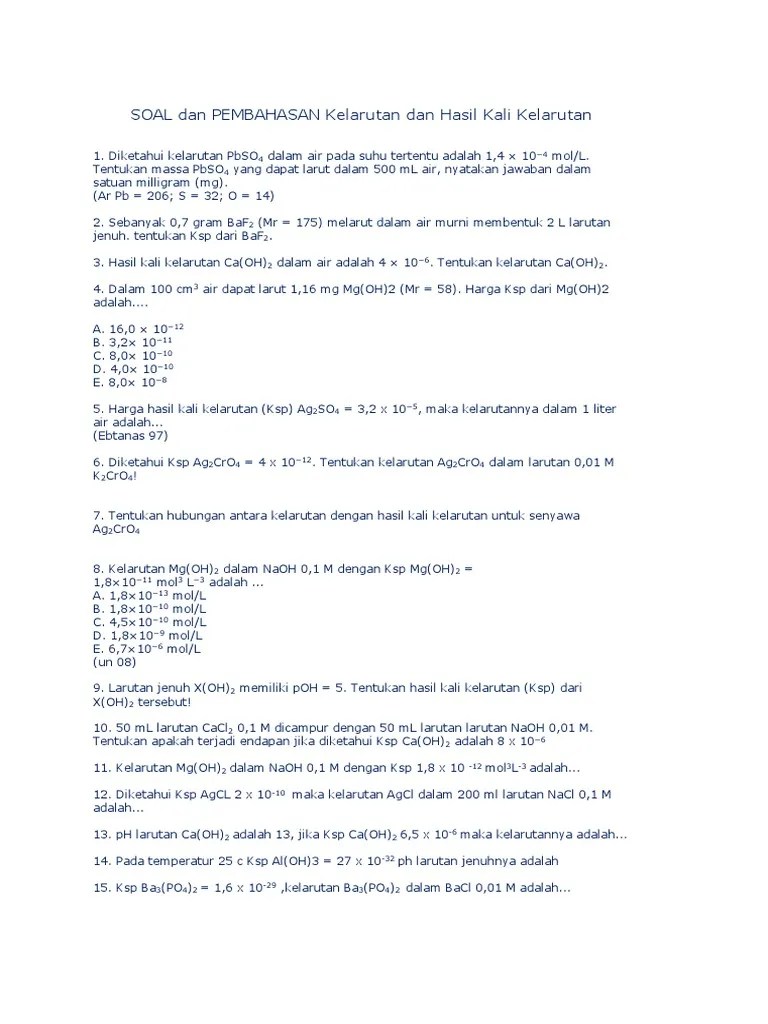 SOAL Dan PEMBAHASAN Kelarutan Dan Hasil Kali Kelarutan | PDF