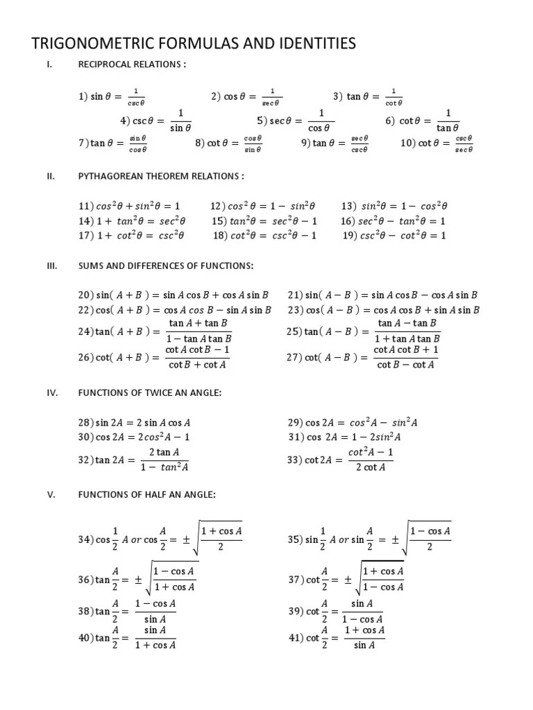 Trigonometric Formulas And Identities | PDF | Trigonometric Functions | Sine