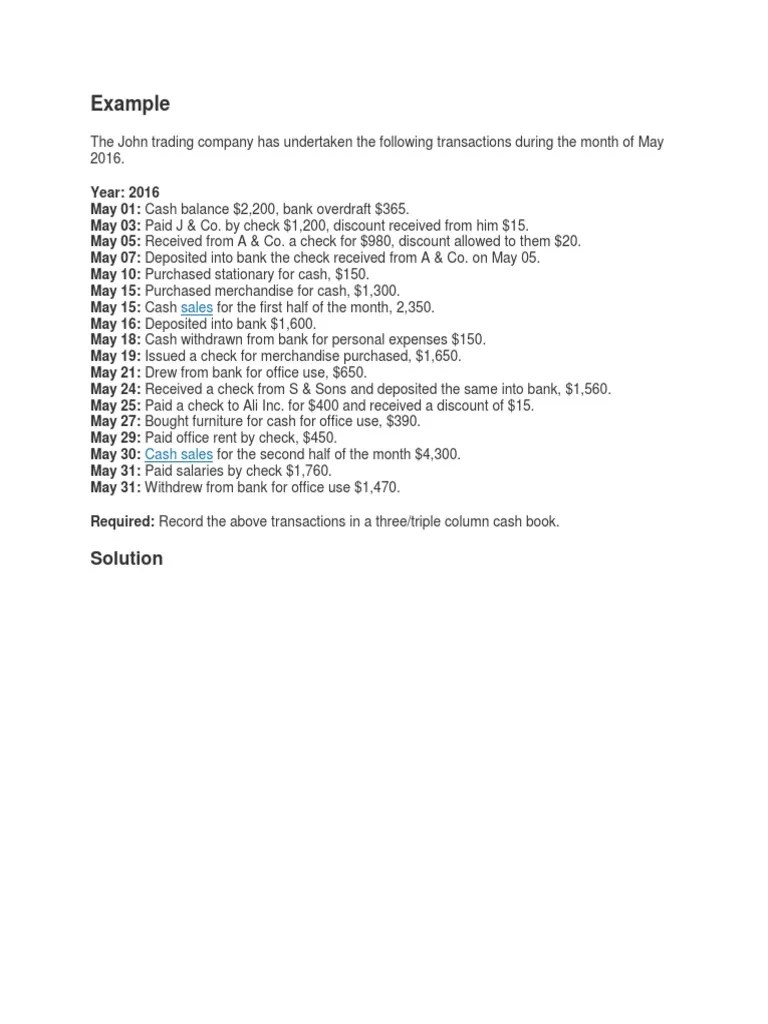 Example Of Three Column Cash Book | PDF | Cheque | Banks