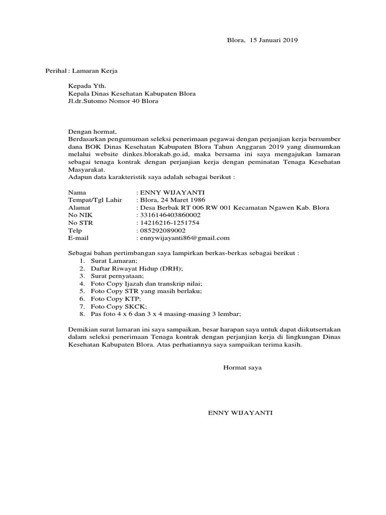 Contoh surat lamaran kerja wiyata bakti guru sd pertama. Lamaran Kerja Tenaga Kontrak Kesmas Pdf
