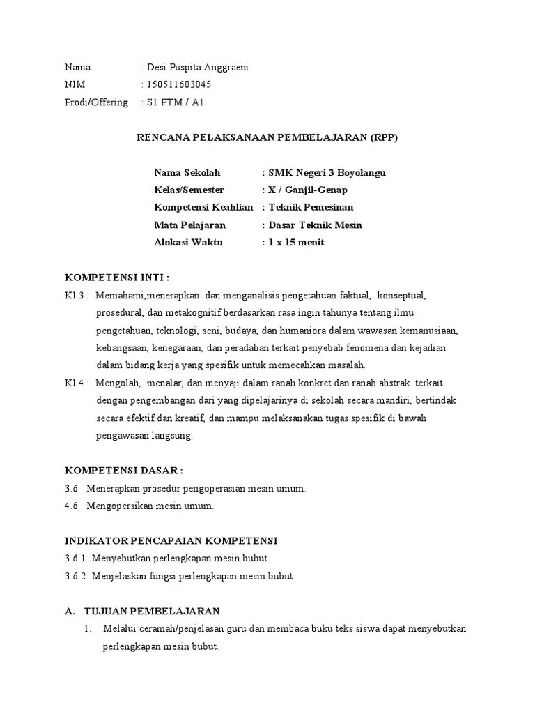 Rpp smk/mak kegiatan pembelajaran berdasarkan kurikulum 2013 revisi 2017, peserta didik didorong proaktif diantaranya melalui proses. Rpp Dasar Teknik Mesin Kd 3 6 Pdf