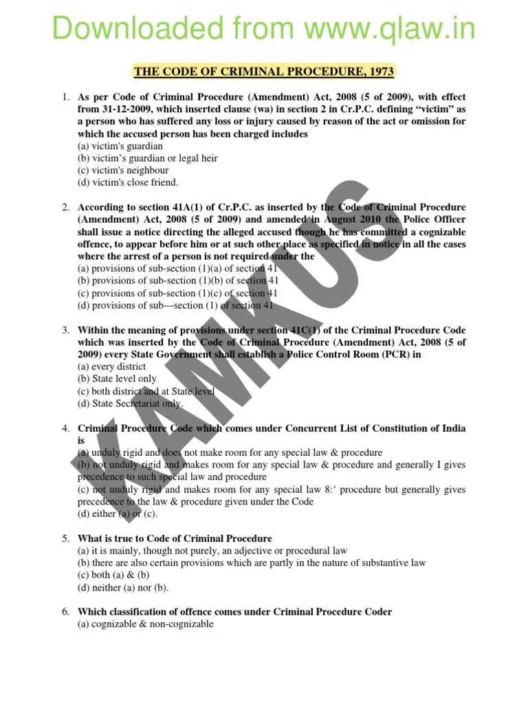 MCQ THE CODE OF CRIMINAL PROCEDURE, 1973-Qlaw - Inbn PDF | PDF | Bail | Fine (Penalty)