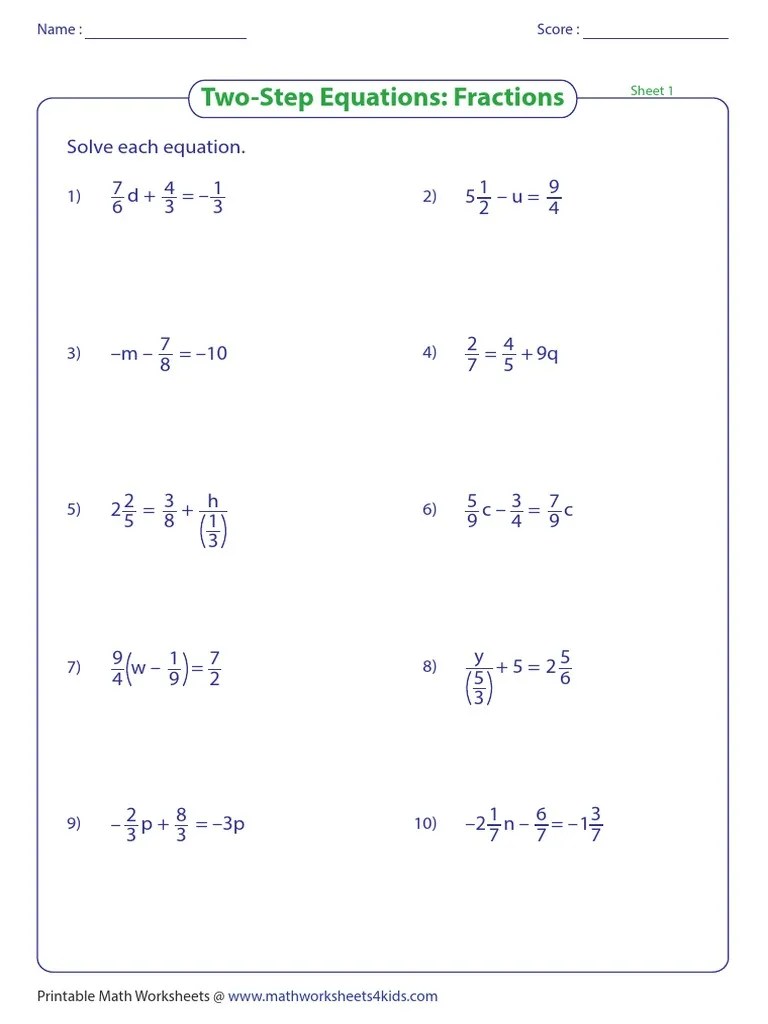 Two-Step Equations: Fractions: Score: Name | PDF | Teaching Mathematics ...