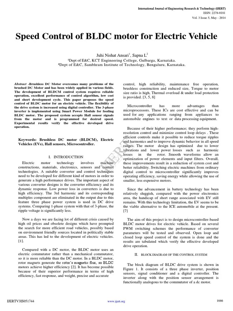 Speed Control Of BLDC Motor For Electric PDF | PDF | Electric Motor | Control Theory