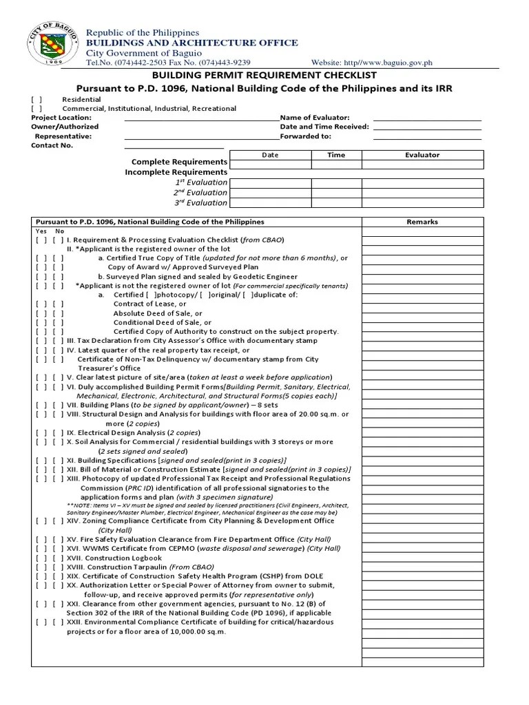 Building Permit Requirement Checklist To Do List | PDF | Engineering ...