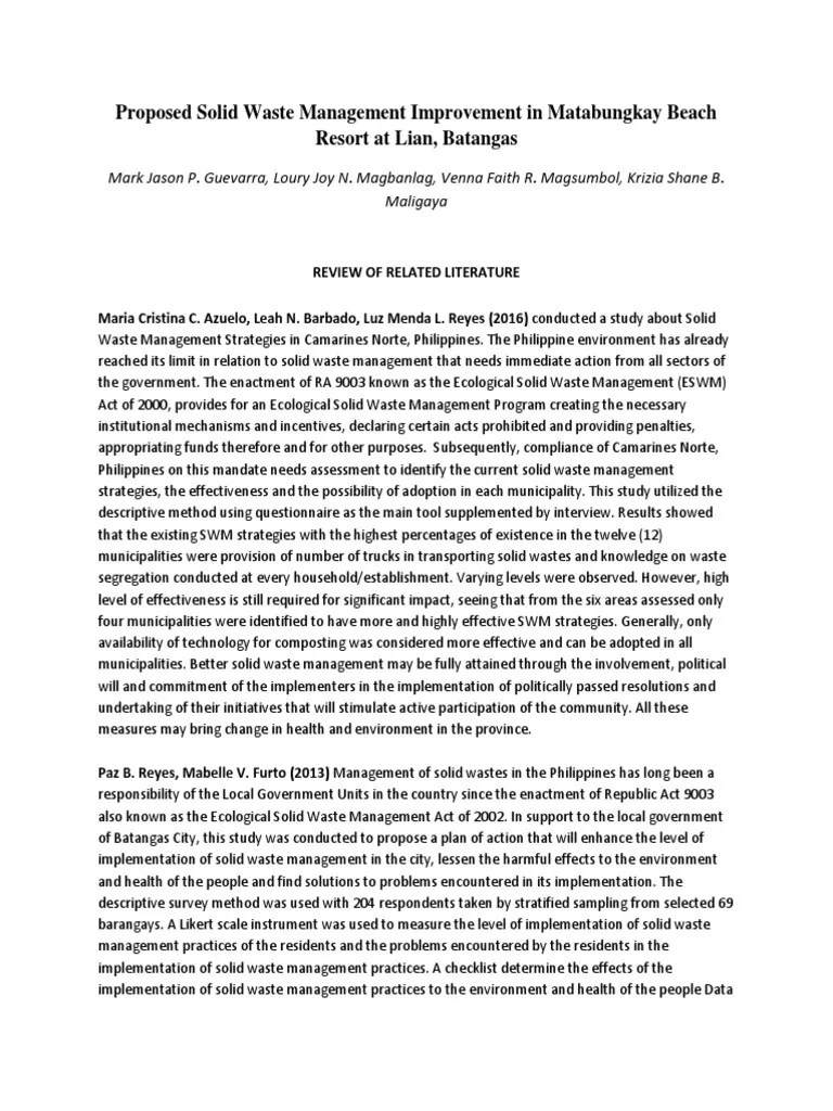 Sustainable Solid Waste Management In Matabungkay Beach Resort At Lian Batangas | PDF | Waste ...