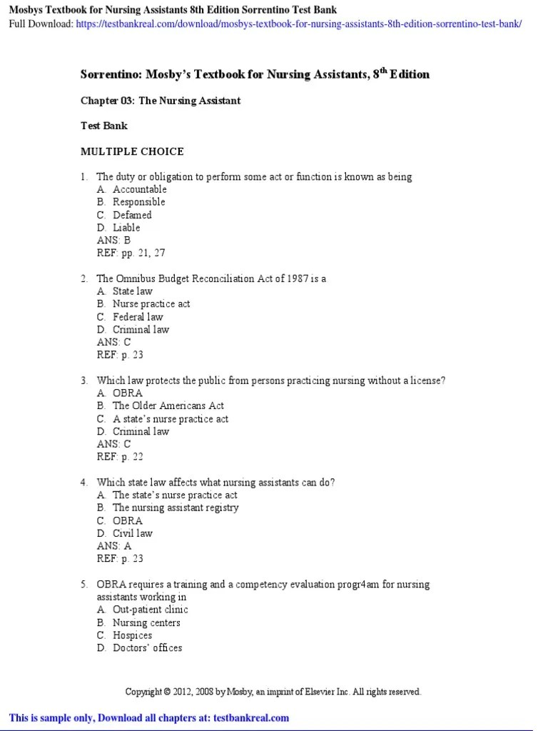 Mos S Textbook For Nursing Assistants Elsevier Ebook On Vitalsource 8th Edition 9780323091923 11Answers in correct order p.