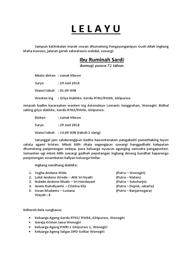 Lihat Contoh Surat Lelayu Bahasa Jawa Doc [Terbaru] - Catatan Lega