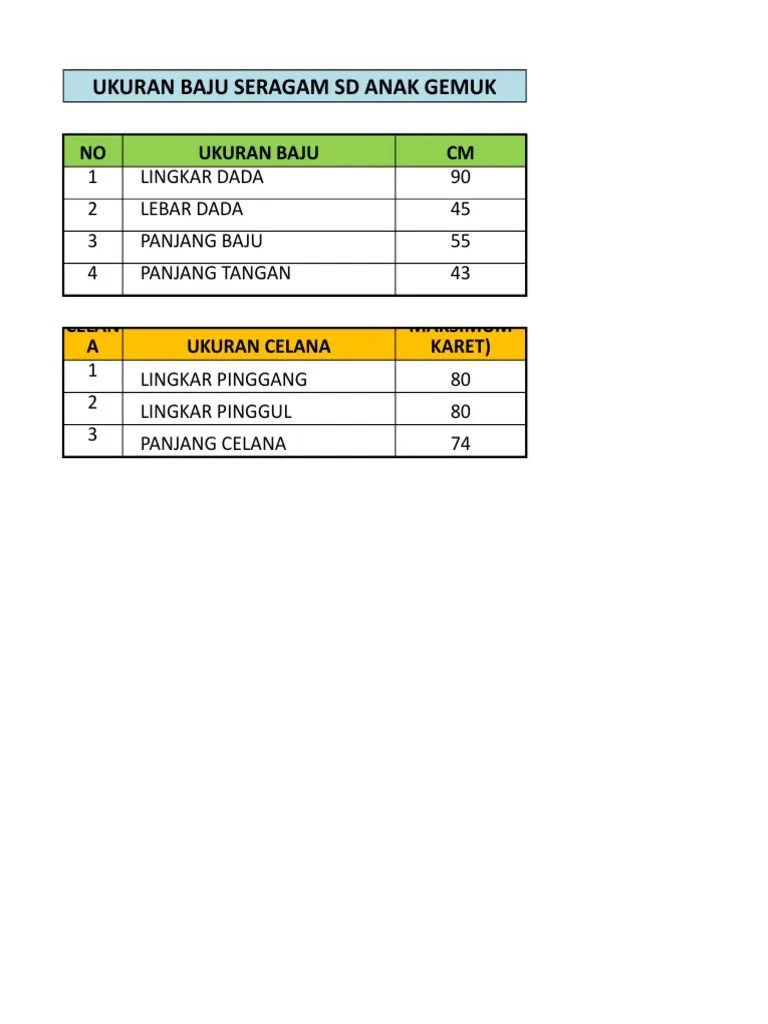 Ukuran Baju Sekolah SD Anak Gemuk | PDF