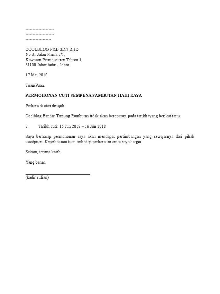 Surat rasmi permohonan cuti sekolah ini penting . Contoh Surat Cuti Hari Raya Pdf