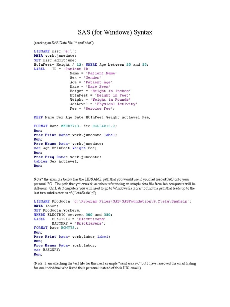 SAS Syntax Instructor Intro 092010 3 | PDF | Sas (Software) | Microsoft ...