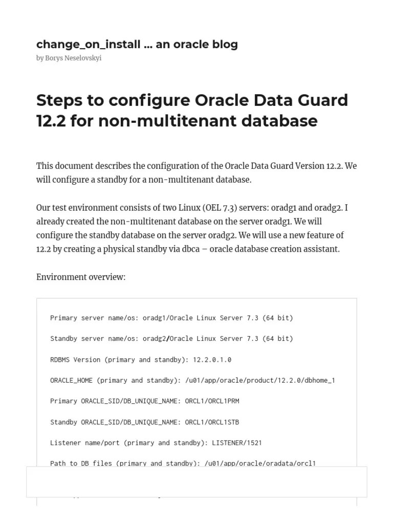 Steps To Configure Oracle Data Guard 12.2 For Non-Multitenant Database ...