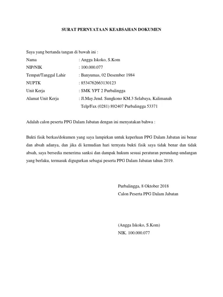 Surat Pernyataan Keabsahan Dokumen | PDF