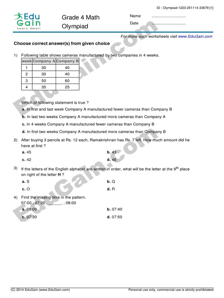 math olympiad class 4 sample paper pdf teaching mathematics