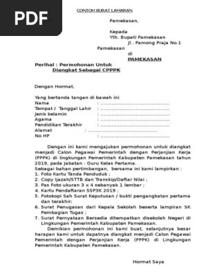 Permohonan untuk diangkat menjadi pegawai pemerintah dengan perjanjian kerja (pppk) kabupaten solok selatan, padang aro, april 2019. Contoh Surat Lamaran P3k Pdf