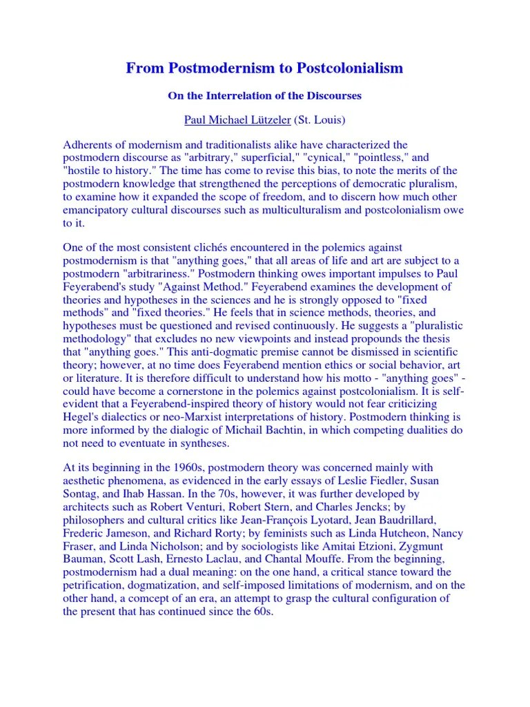 From Postmodernism To Postcolonialism Postcolonialism