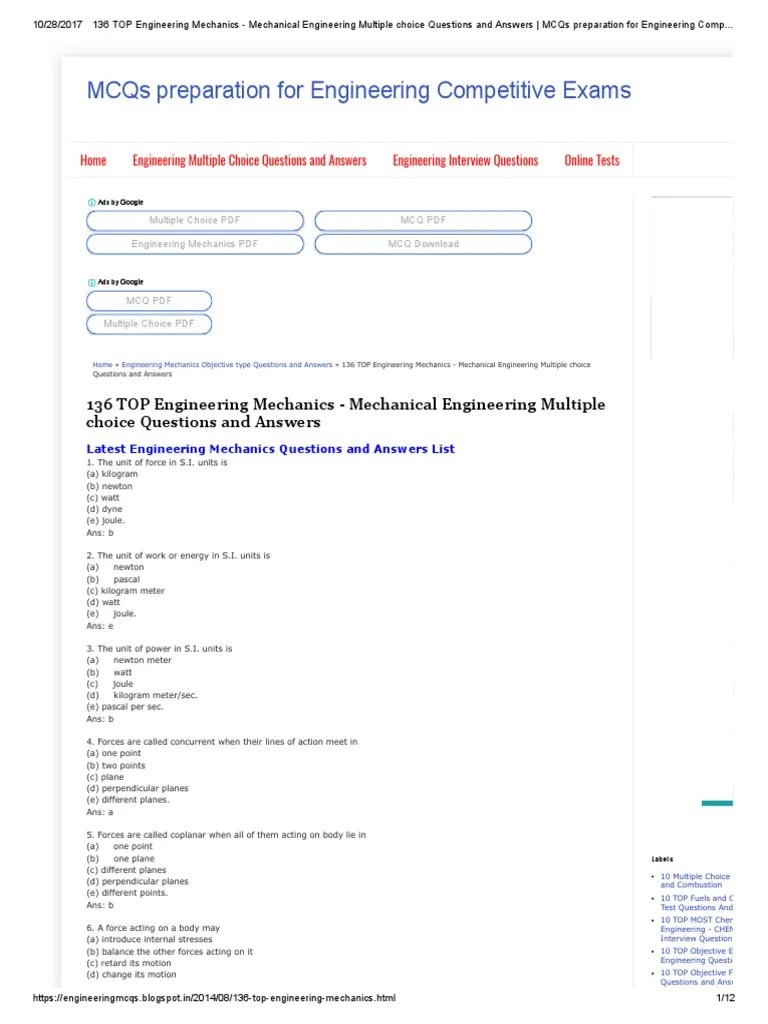 136 Top Engineering Mechanics Question And Answers PDF | PDF | Torque ...