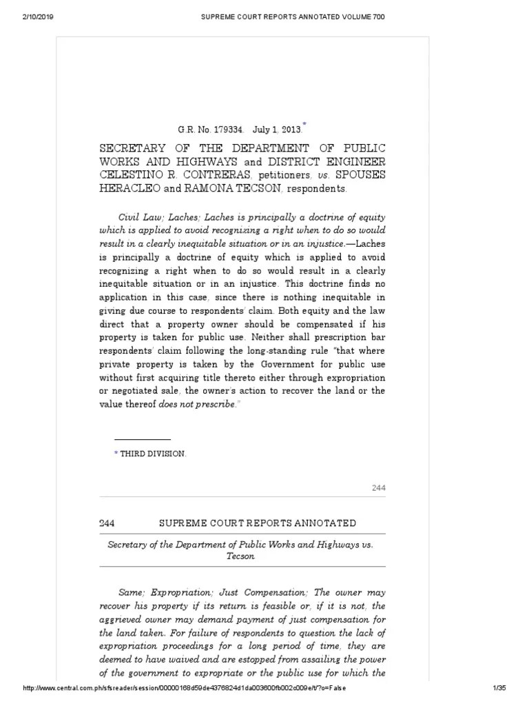 Sec Of DPWH Vs. Spouses Tecson | PDF | Eminent Domain | Just Compensation