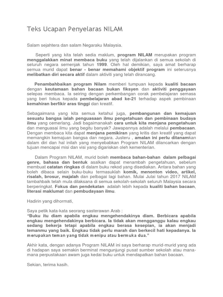 Salam sejahtera dan salam kasih sayang. Teks Ucapan Penyelaras Nilam Pdf