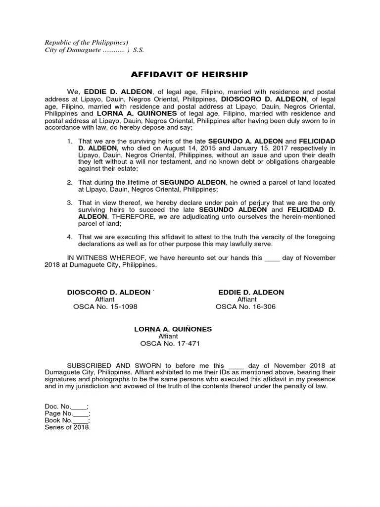 Affidavit heirship land