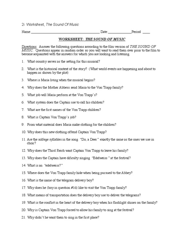 sound of music worksheet