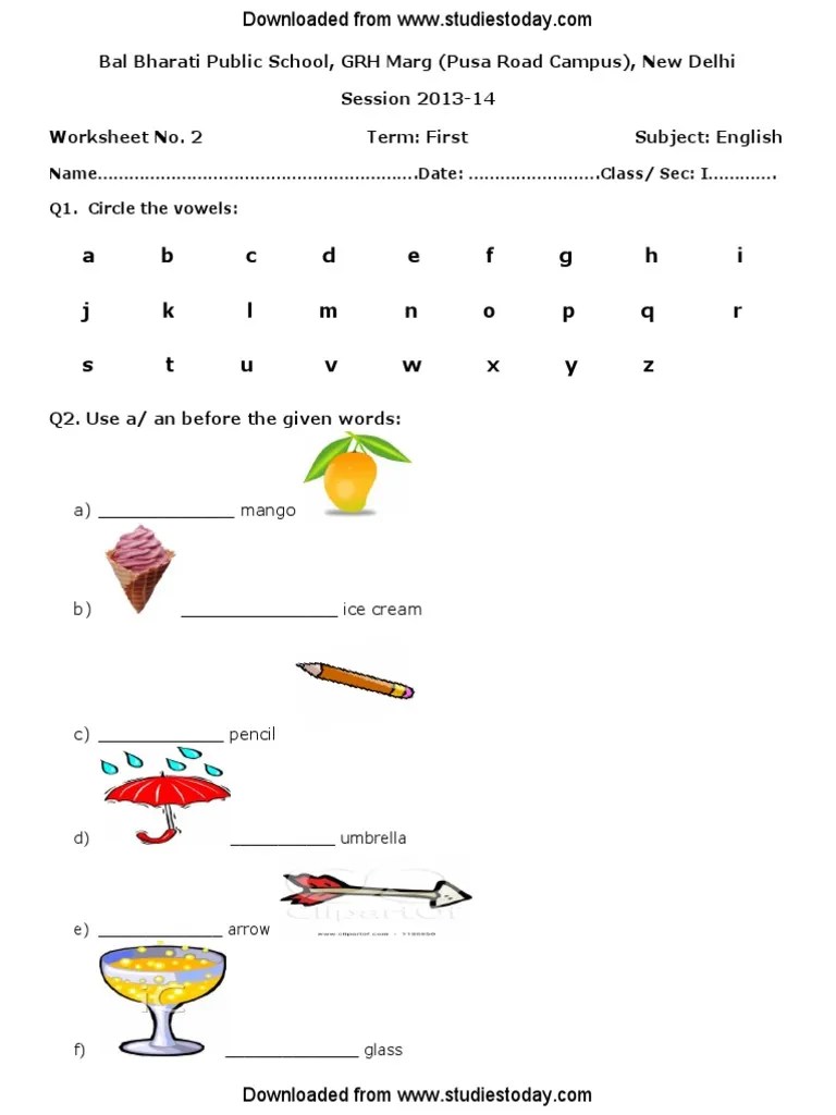 CBSE Class 1 English Worksheet | PDF