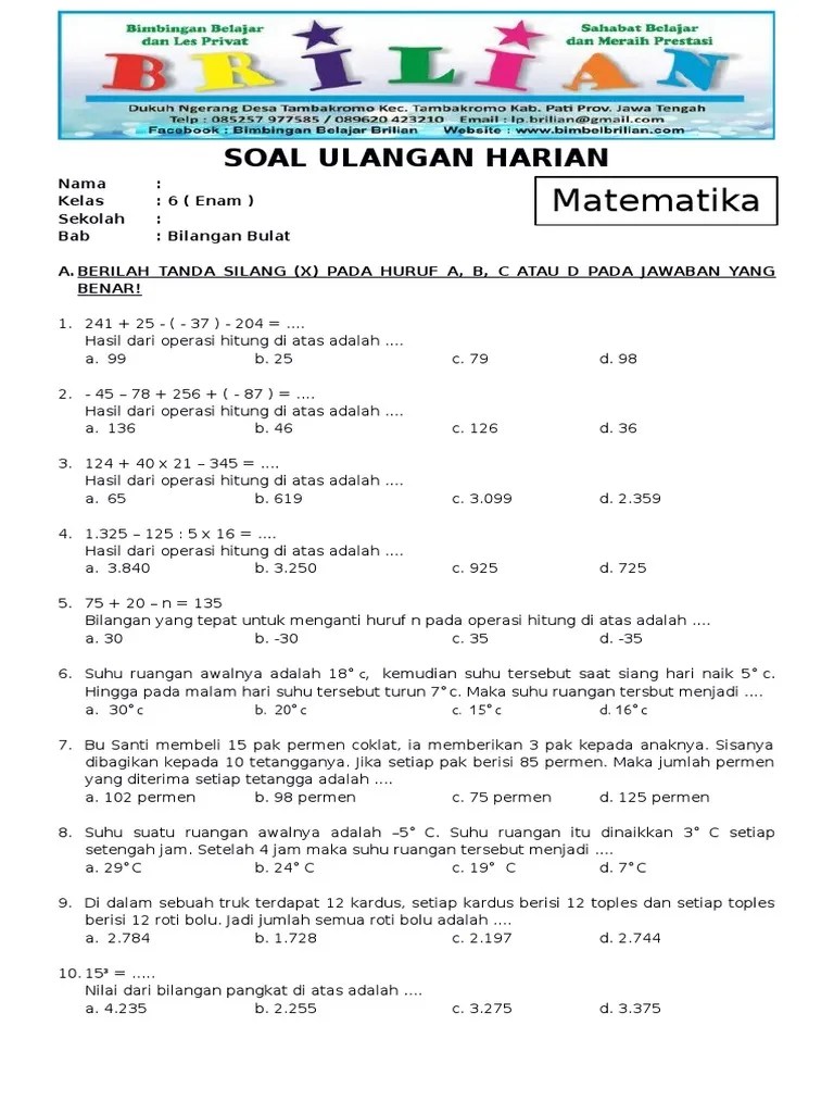 Tulis komentar materi pelajaran kelas 6. Soal Matematika Kelas 6 Sd Bab 1 Bilangan Bulat Dan Kunci Jawaban Pdf
