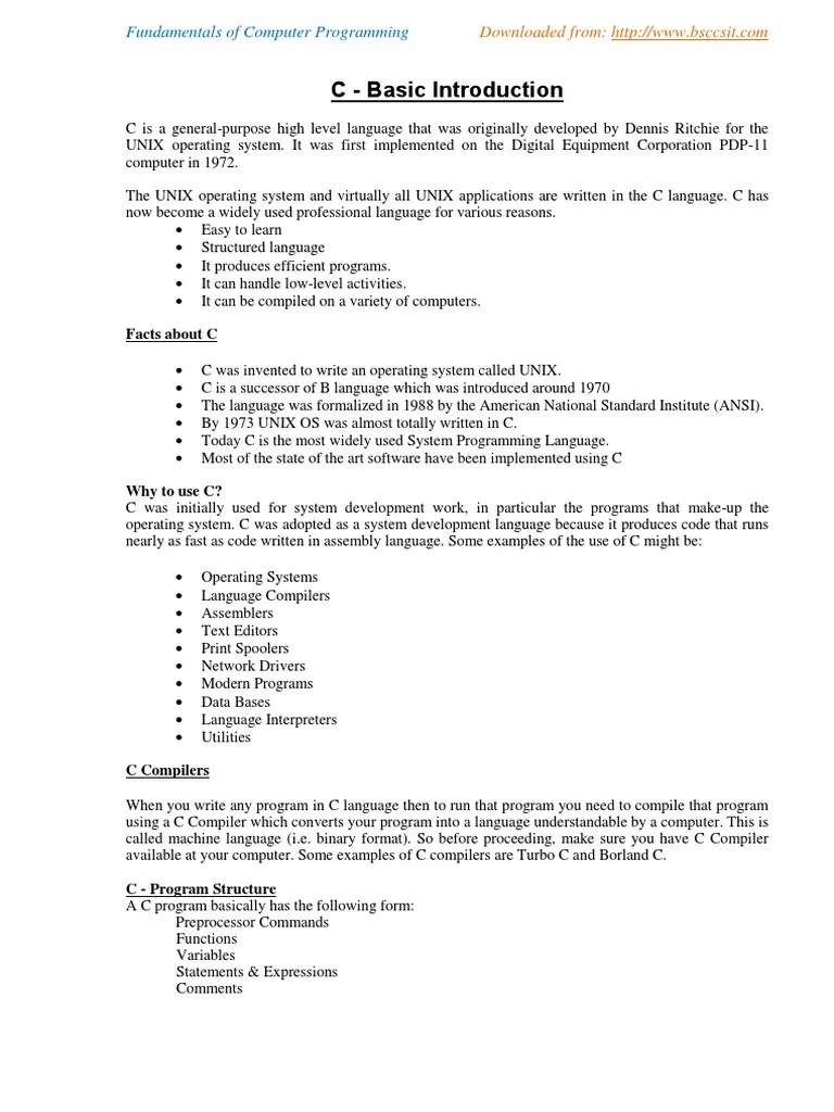 C - Basic Introduction: Fundamentals Of Computer Programming | PDF | C ...