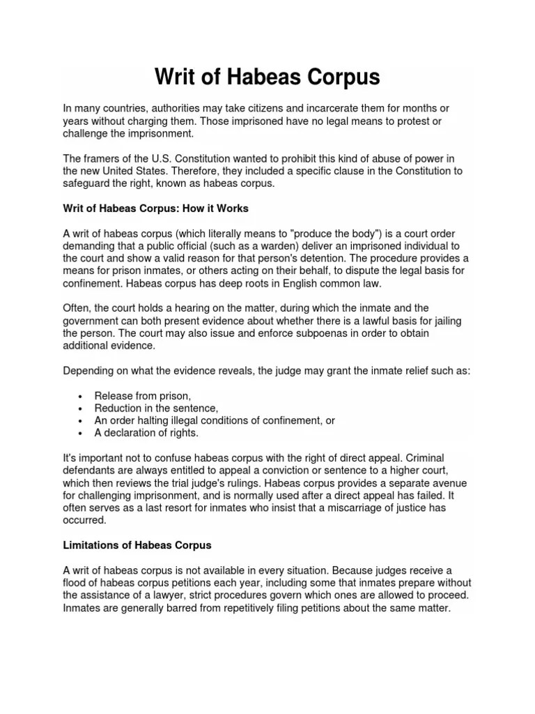 Writ Of Habeas Corpus | PDF | Habeas Corpus | Prison