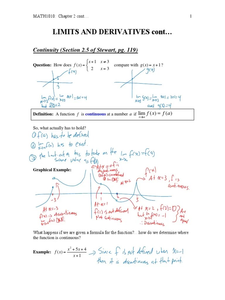 Limits And Derivatives Cont : Continuity (Section 2.5 Of Stewart, Pg ...