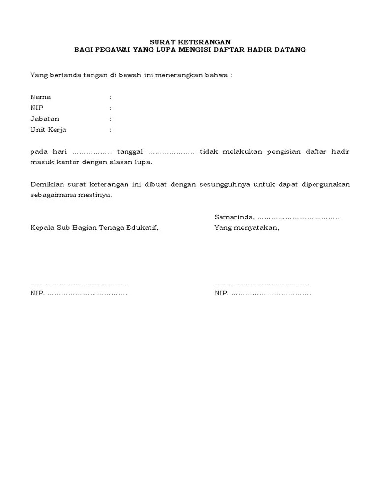 Surat izin tidak masuk sekolah karena rawat inap. Surat Keterangan Lupa Absen Finger Print Pdf