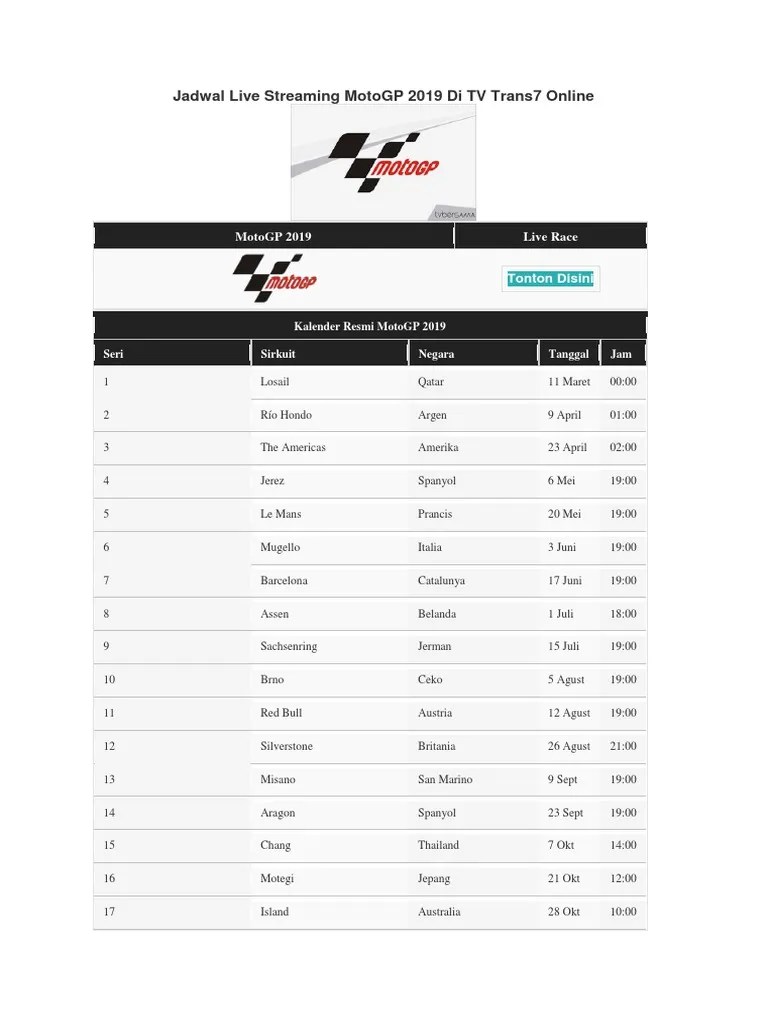 Jadwal Live Streaming Motogp 2019 Di Tv Trans7 Online