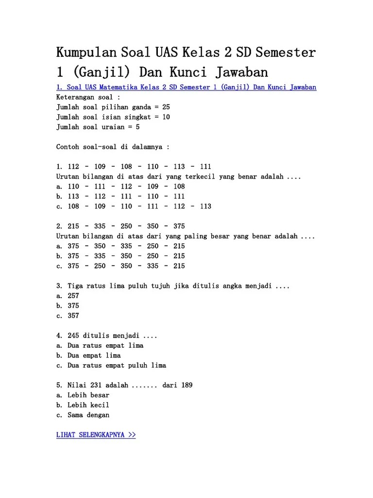 Soal Uas Matematika Kelas 2 Sd Semester 1 Kunci Jawaban Latihan Pas Pilihan Ganda Dan Essay Pontianak Co Id 