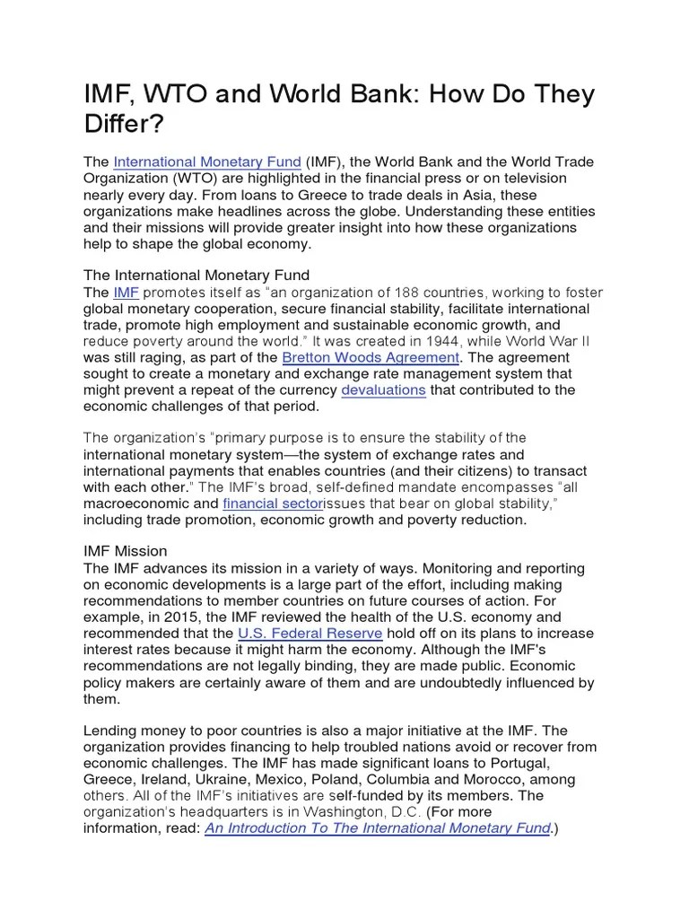 Differences Of WTO IMF And World Bank | PDF | International Monetary Fund | World Bank