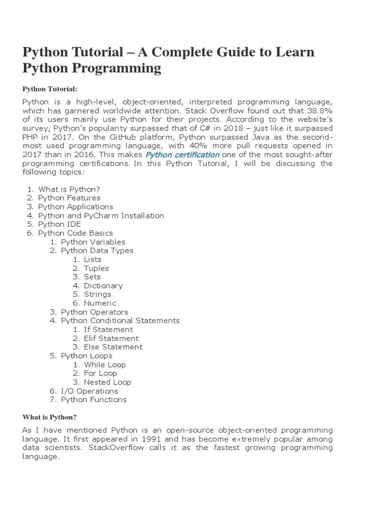 Python Tutorial - A Complete Guide To Learn Python Programming | PDF ...