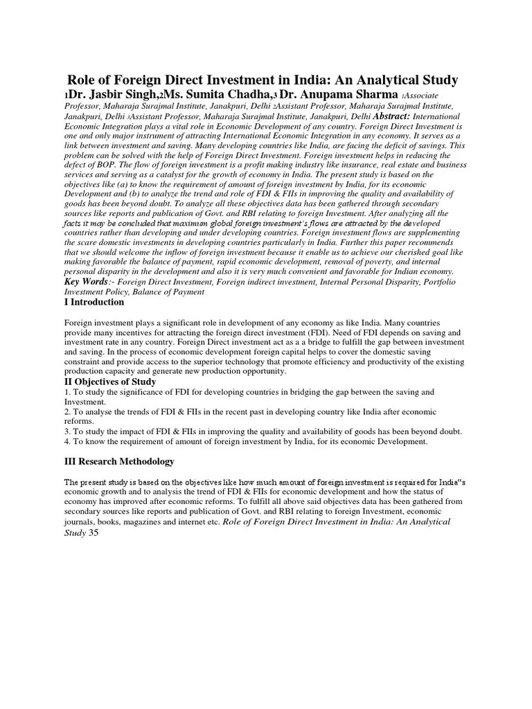 Role Of Foreign Direct Investment In India: An Analytical Study | PDF | Foreign Direct ...